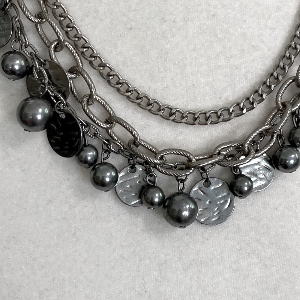 Silver Rocker Rebel Edgy Layered Bead Discs Coins Textured Chain Necklace - Picture 12 of 15